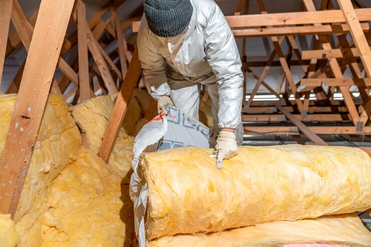 Technician laying roofing felt in a loft.